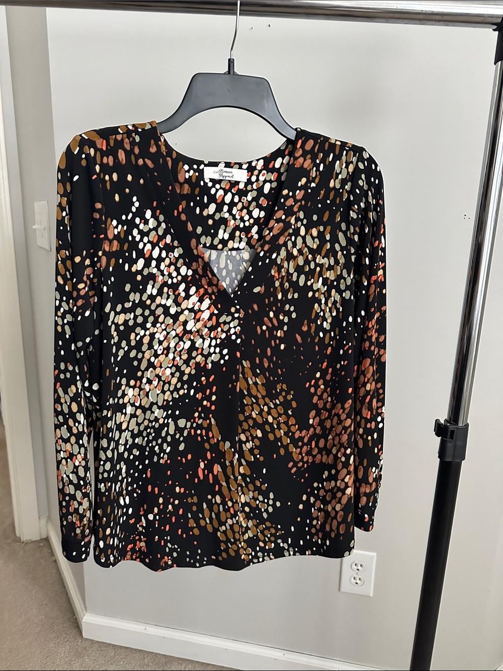 Black Multi-Spot V-Neck Blouse with Rust and Cream Accents